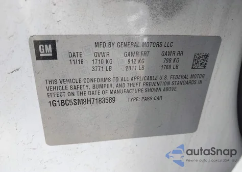 2017 Chevrolet Cruze Ls Auto z USA, uszkodzony, nr VIN 1G1BC5SM8H7183589